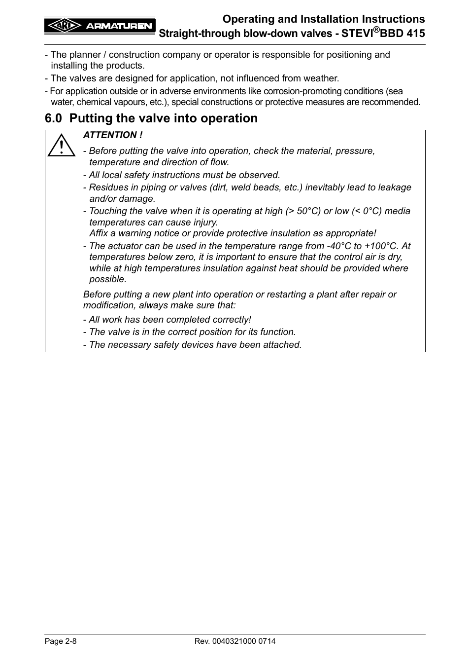 0 putting the valve into operation, 0 putting the valve into operation -8 | ARI Armaturen STEVI BBD 415 DN 25-50 EN User Manual | Page 8 / 18