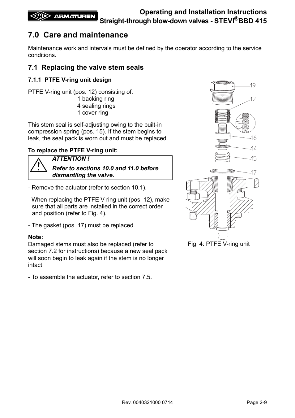 0 care and maintenance, 1 replacing the valve stem seals, 1 ptfe v-ring unit design | 0 care and maintenance -9, 1 replacing the valve stem seals -9, 1 ptfe v-ring unit design -9 | ARI Armaturen STEVI BBD 415 DN 25-50 EN User Manual | Page 9 / 18