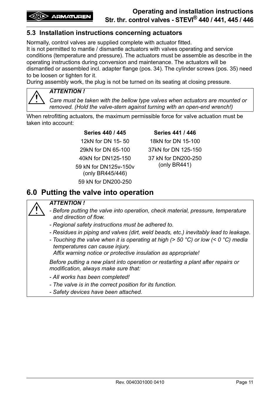 3 installation instructions concerning actuators, 0 putting the valve into operation | ARI Armaturen STEVI 446 EN User Manual | Page 11 / 21