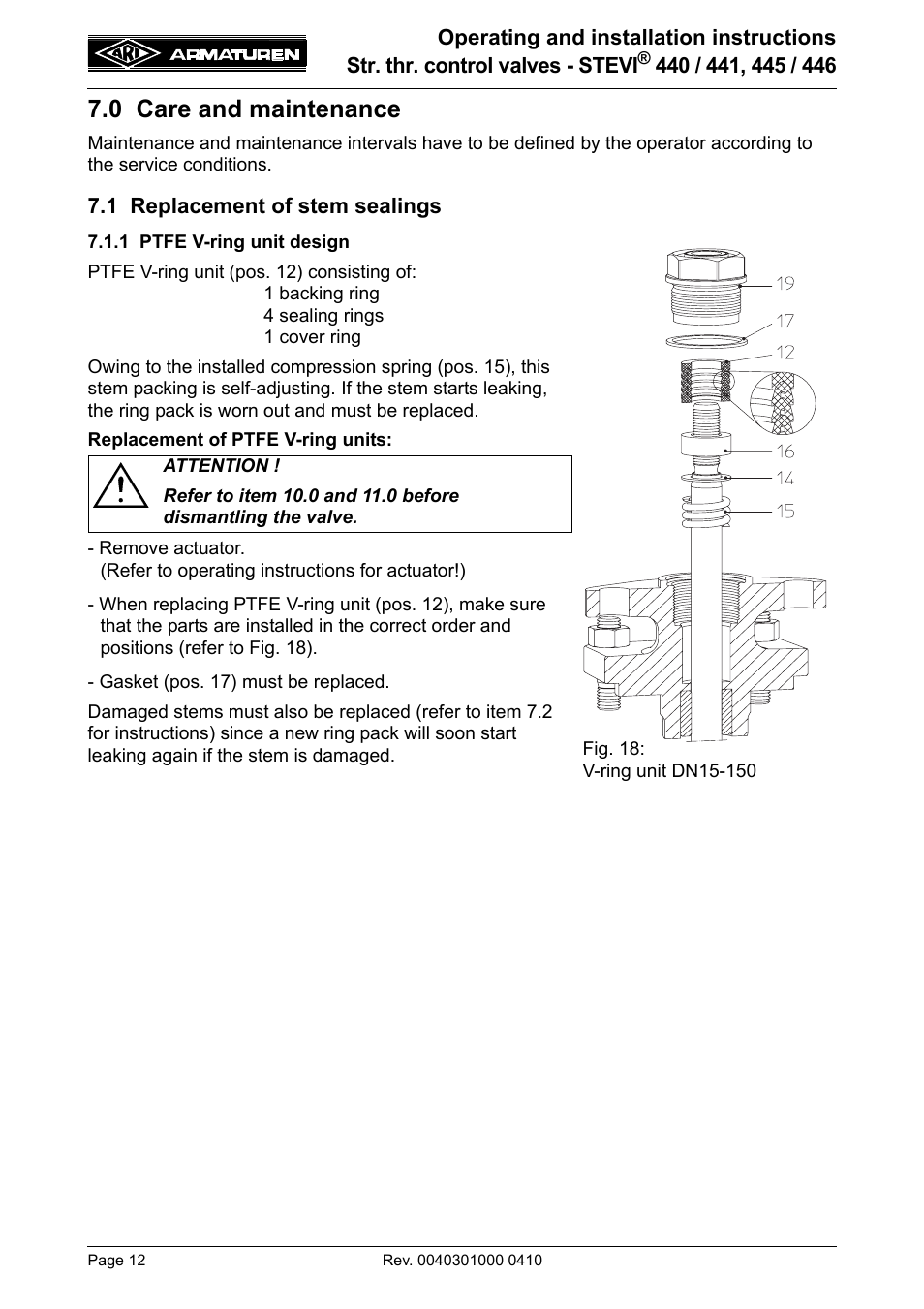 0 care and maintenance, 1 replacement of stem sealings, 1 ptfe v-ring unit design | ARI Armaturen STEVI 446 EN User Manual | Page 12 / 21