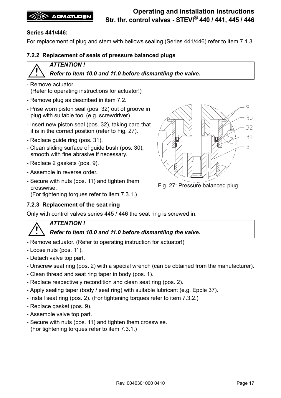 2 replacement of seals of pressure balanced plugs, 3 replacement of the seat ring, 2 replacement of seals of | Pressure balanced plugs | ARI Armaturen STEVI 446 EN User Manual | Page 17 / 21