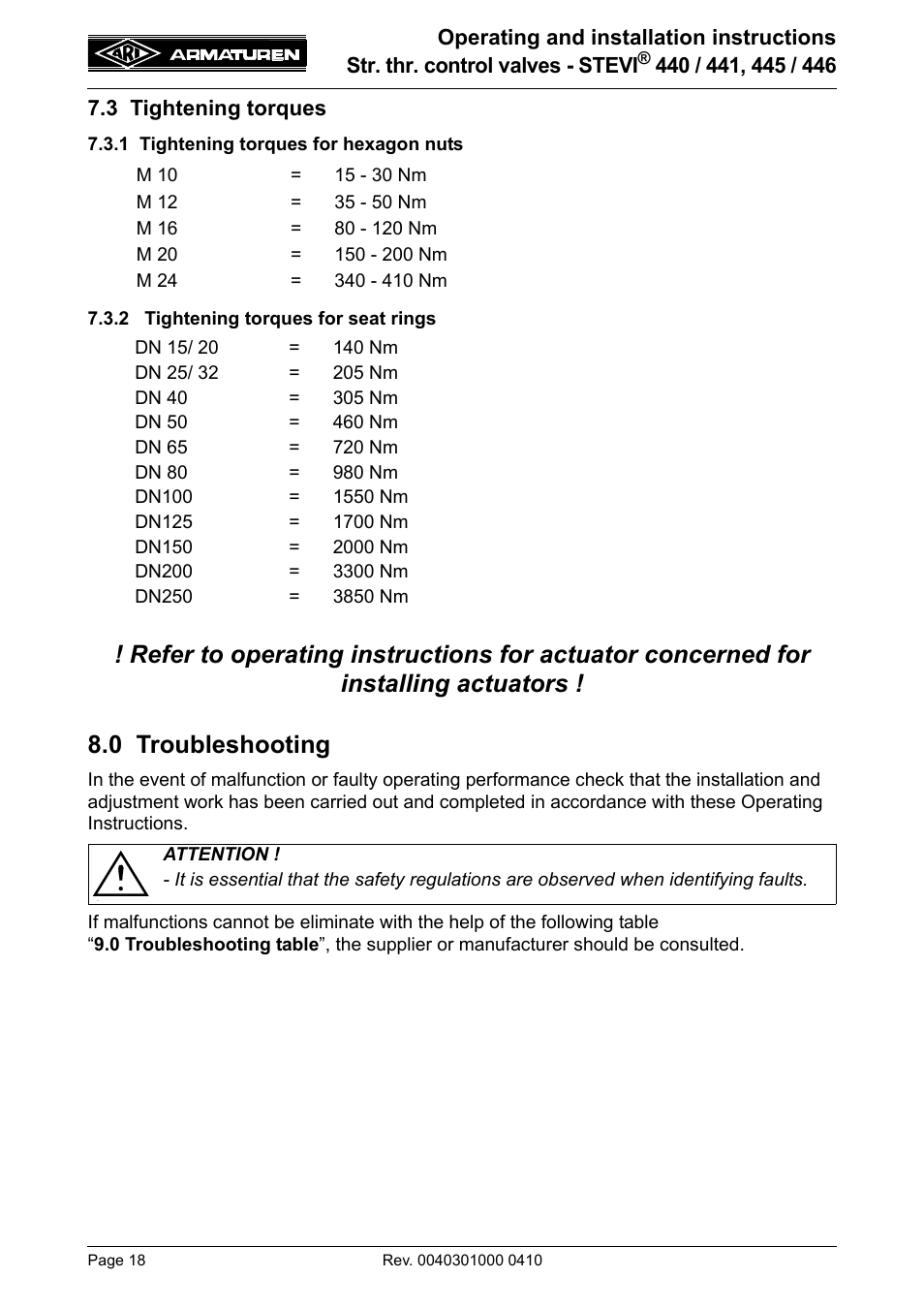 3 tightening torques, 1 tightening torques for hexagon nuts, 2 tightening torques for seat rings | 0 troubleshooting, Refer to item 7.3.1.), Ues refer to item 7.3.2.) | ARI Armaturen STEVI 446 EN User Manual | Page 18 / 21