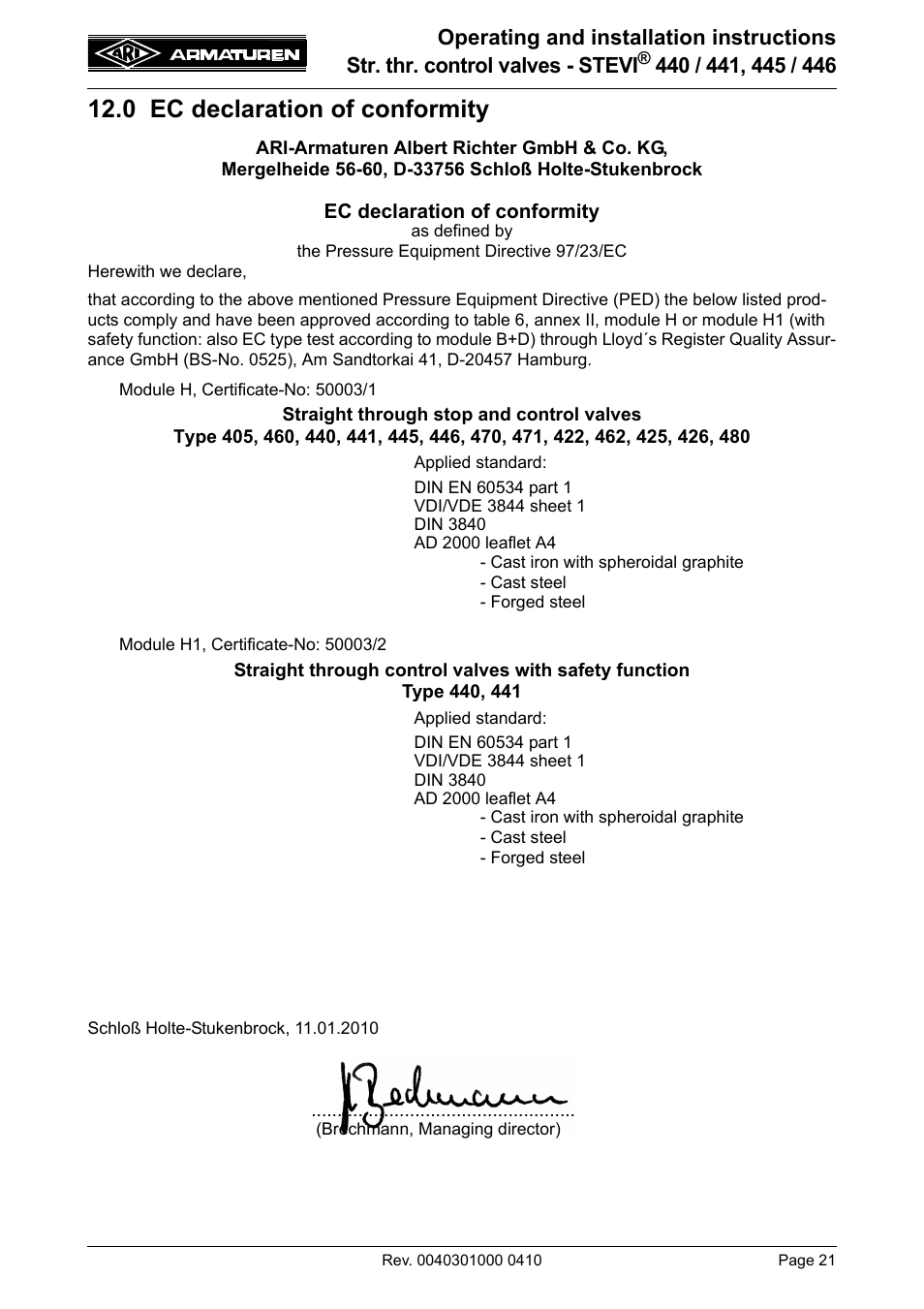 0 ec declaration of conformity | ARI Armaturen STEVI 446 EN User Manual | Page 21 / 21