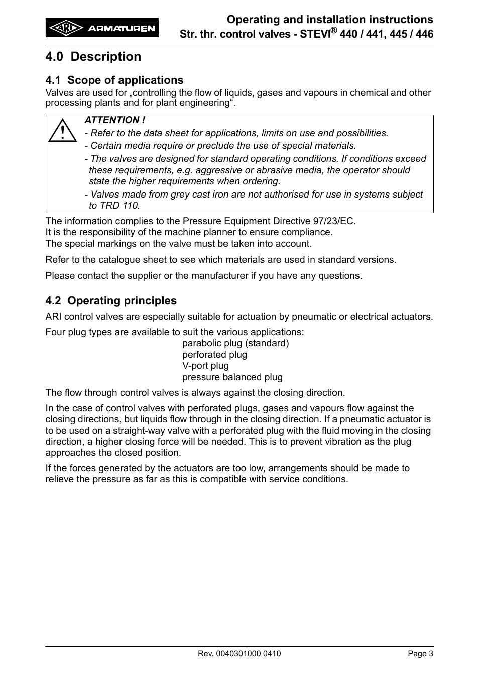 0 description, 1 scope of applications, 2 operating principles | 1 scope of applications 4.2 operating principles | ARI Armaturen STEVI 446 EN User Manual | Page 3 / 21