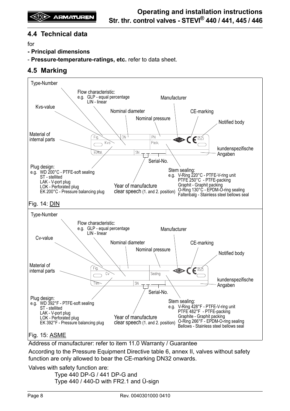 4 technical data, 5 marking, 4 technical data 4.5 marking | ARI Armaturen STEVI 446 EN User Manual | Page 8 / 21