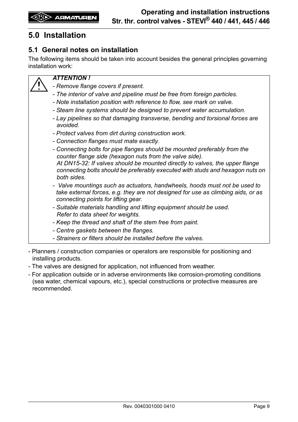 0 installation, 1 general notes on installation | ARI Armaturen STEVI 446 EN User Manual | Page 9 / 21