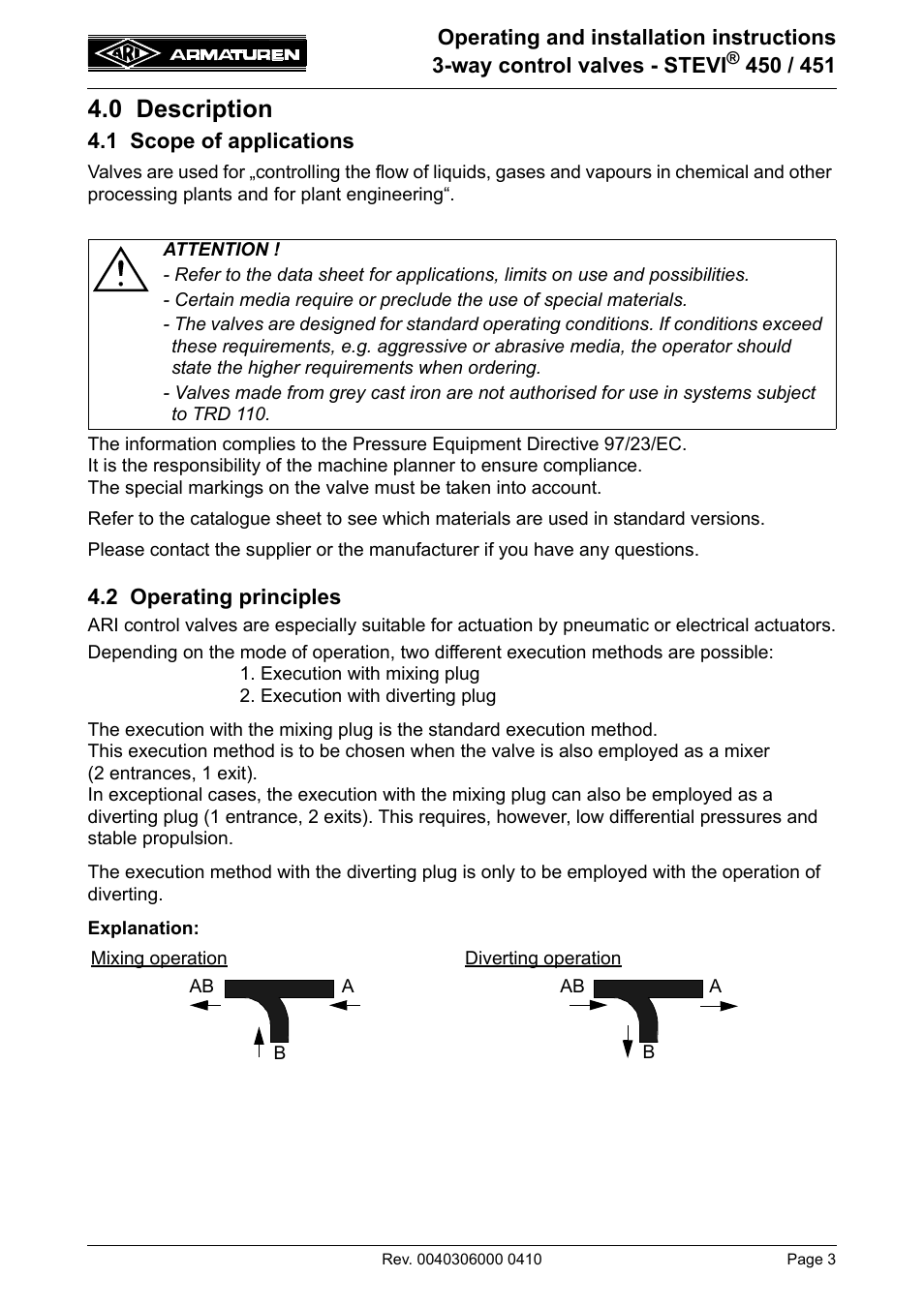 0 description, 1 scope of applications, 2 operating principles | 1 scope of applications 4.2 operating principles | ARI Armaturen STEVI 451 EN User Manual | Page 3 / 22