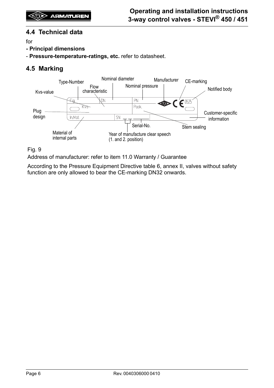 4 technical data, 5 marking, 4 technical data 4.5 marking | ARI Armaturen STEVI 451 EN User Manual | Page 6 / 22