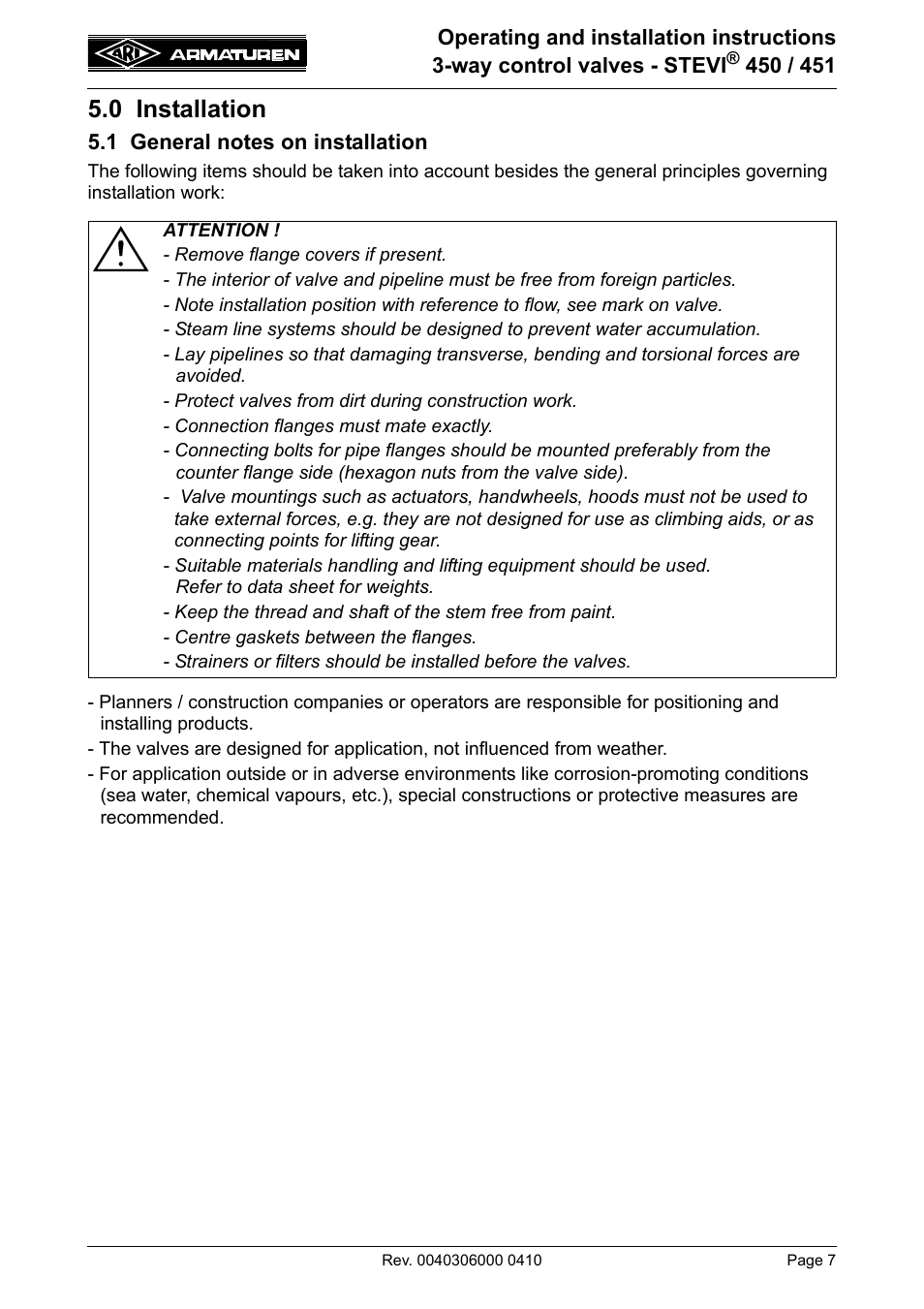 0 installation, 1 general notes on installation | ARI Armaturen STEVI 451 EN User Manual | Page 7 / 22