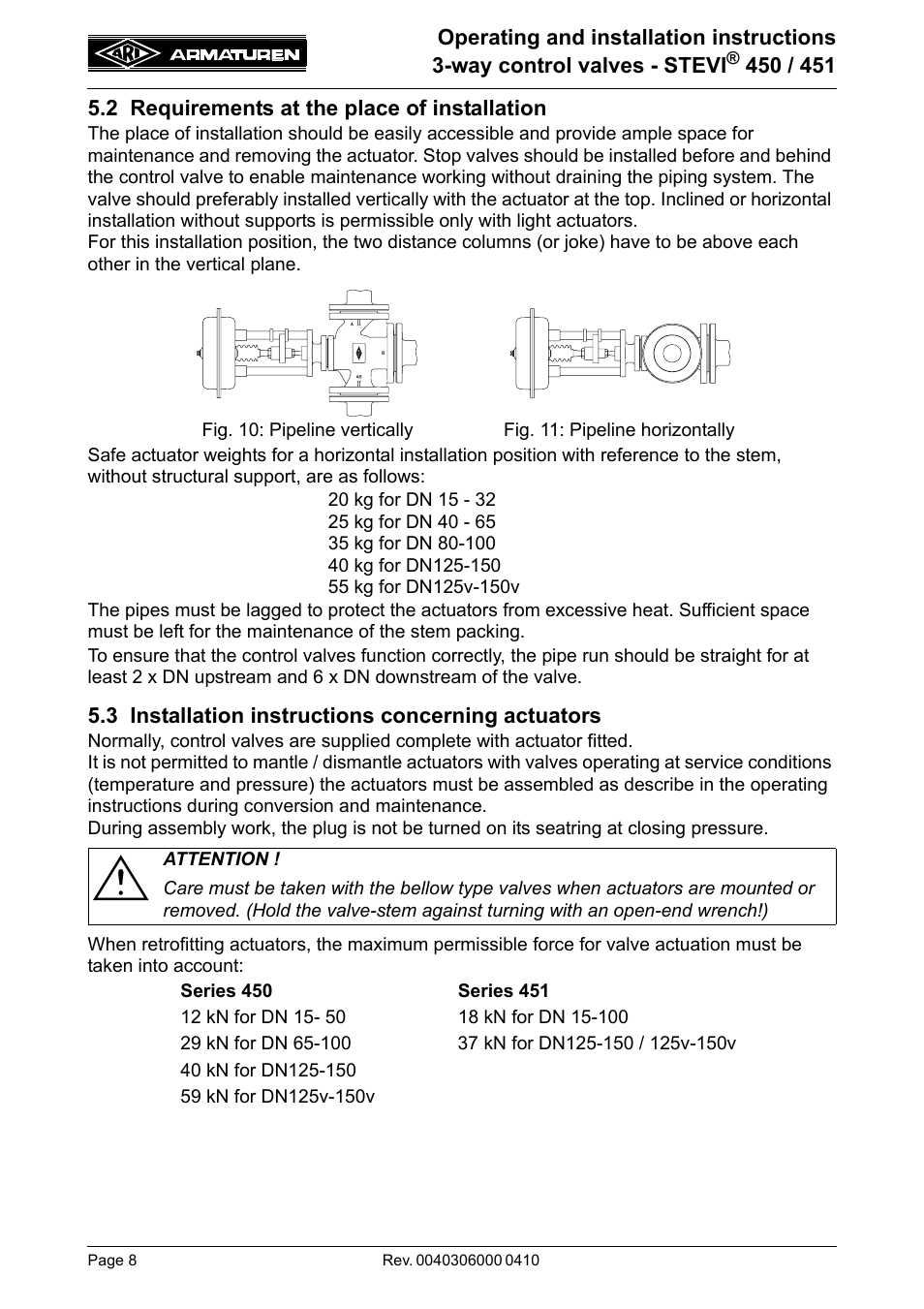 2 requirements at the place of installation, 3 installation instructions concerning actuators | ARI Armaturen STEVI 451 EN User Manual | Page 8 / 22