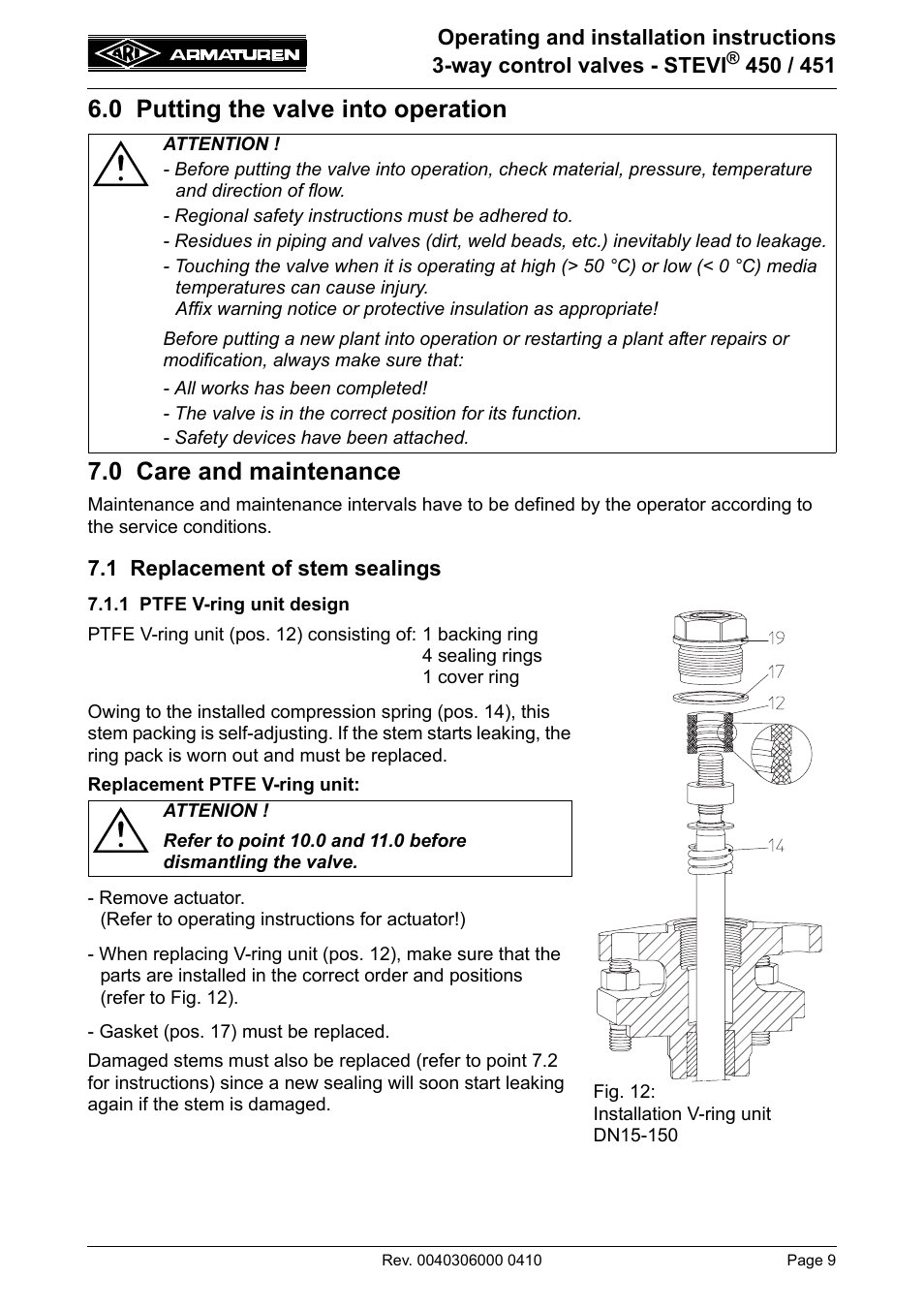 0 putting the valve into operation, 0 care and maintenance, 1 replacement of stem sealings | 1 ptfe v-ring unit design | ARI Armaturen STEVI 451 EN User Manual | Page 9 / 22