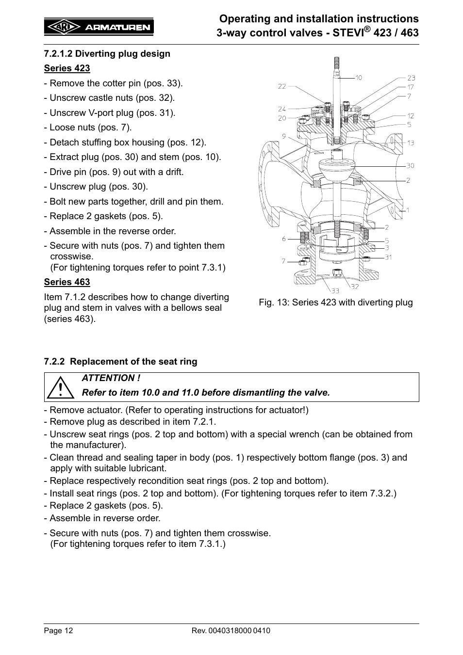 2 diverting plug design, 2 replacement of the seat ring | ARI Armaturen STEVI 463 EN User Manual | Page 12 / 16