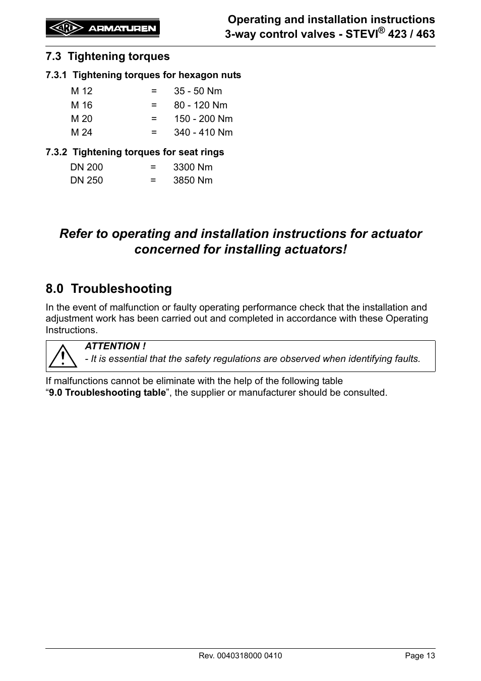 3 tightening torques, 1 tightening torques for hexagon nuts, 2 tightening torques for seat rings | 0 troubleshooting, Refer to point 7.3.1), Torques refer to item 7.3.2.), Refer to item 7.3.1.) | ARI Armaturen STEVI 463 EN User Manual | Page 13 / 16