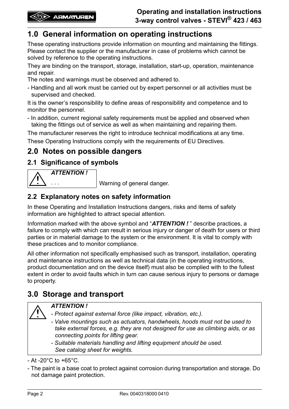 0 general information on operating instructions, 0 notes on possible dangers, 1 significance of symbols | 2 explanatory notes on safety information, 0 storage and transport, 0 general information on operating, Instructions | ARI Armaturen STEVI 463 EN User Manual | Page 2 / 16