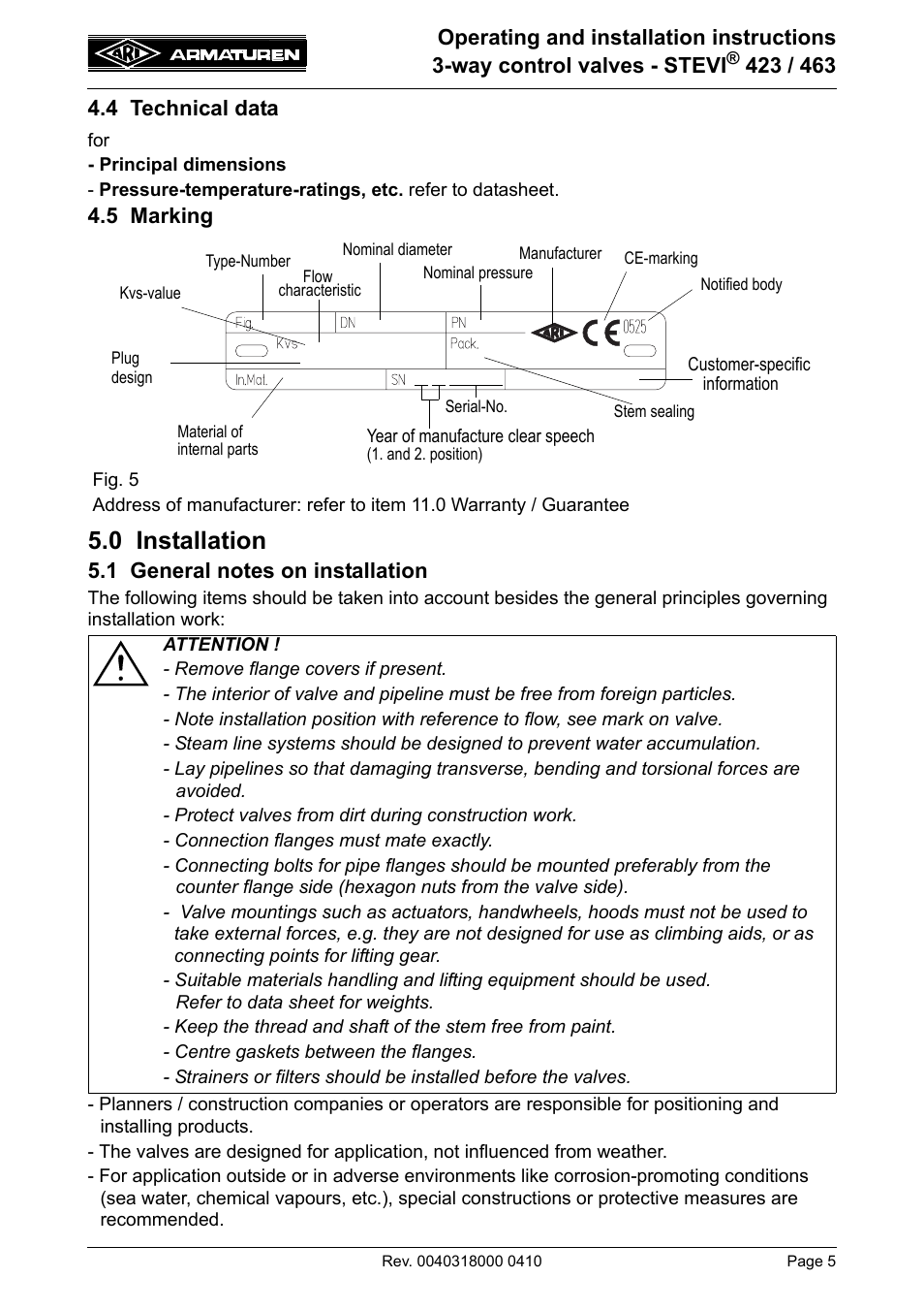 4 technical data, 5 marking, 0 installation | 1 general notes on installation, 4 technical data 4.5 marking | ARI Armaturen STEVI 463 EN User Manual | Page 5 / 16