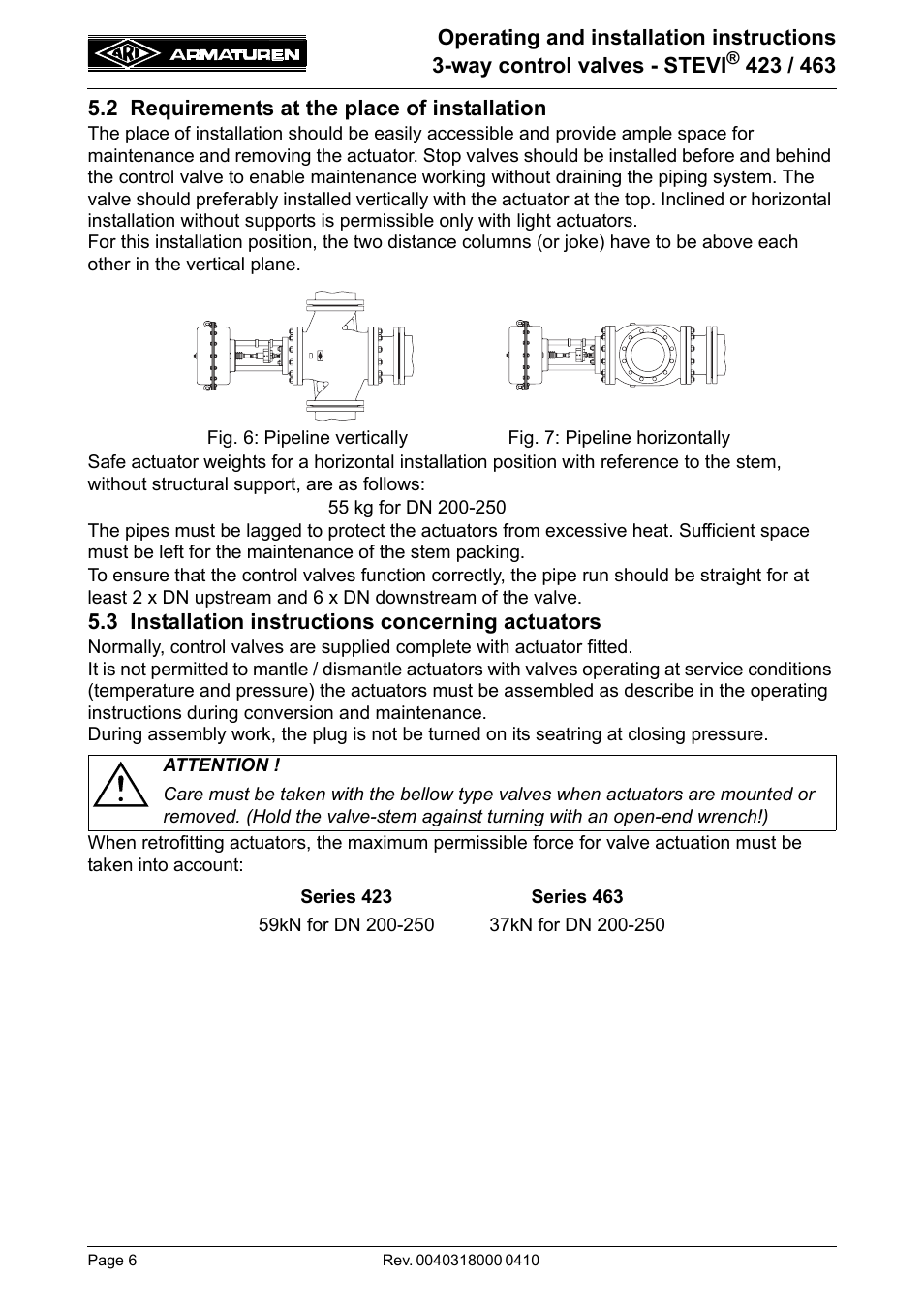 2 requirements at the place of installation, 3 installation instructions concerning actuators | ARI Armaturen STEVI 463 EN User Manual | Page 6 / 16