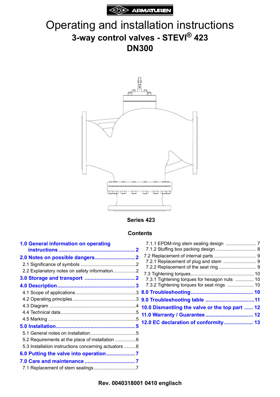 ARI Armaturen STEVI 423 DN300 EN User Manual | 14 pages