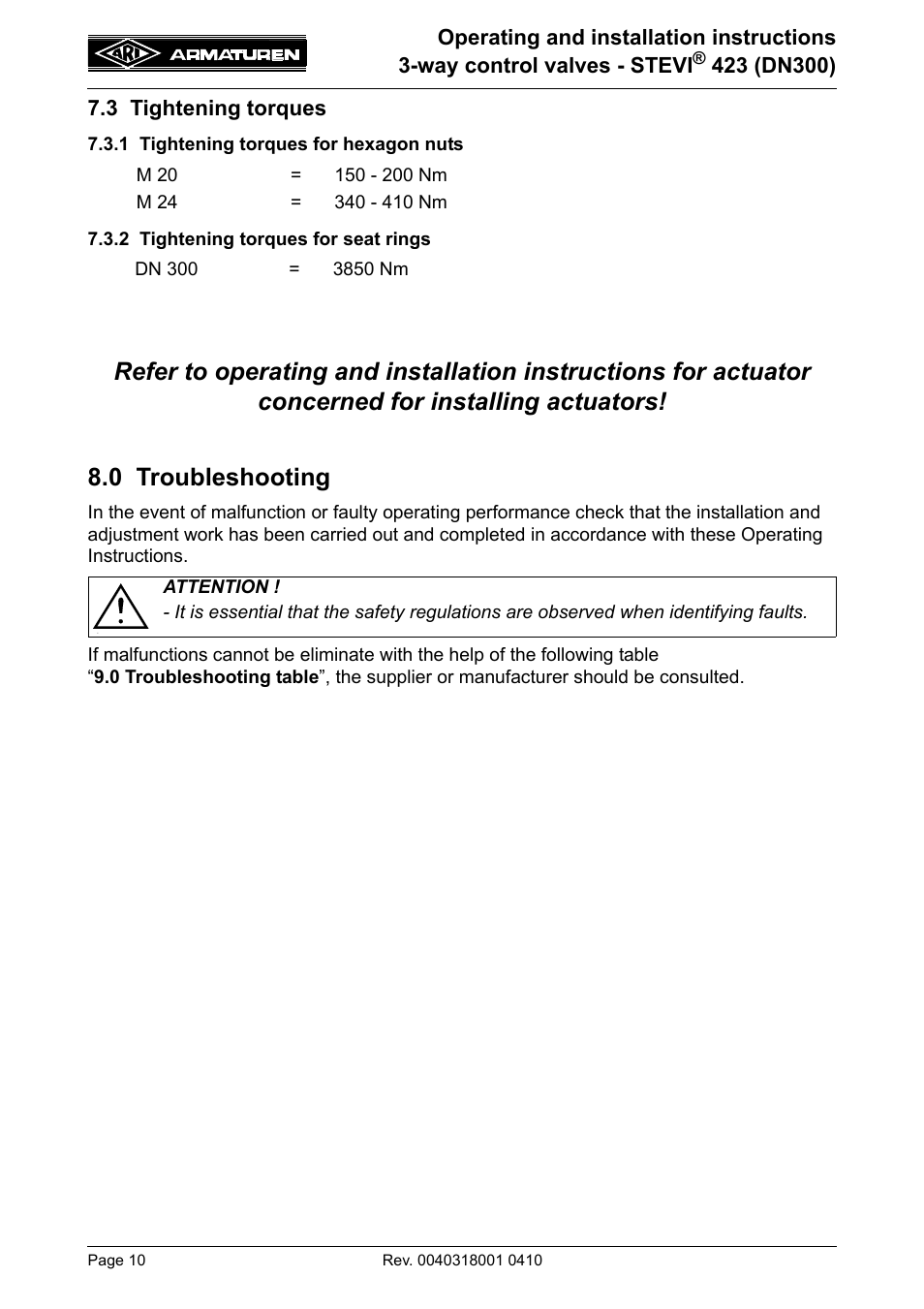 3 tightening torques, 1 tightening torques for hexagon nuts, 2 tightening torques for seat rings | 0 troubleshooting, Refer to point 7.3.1), Torques refer to item 7.3.2.), Refer to item 7.3.1.) | ARI Armaturen STEVI 423 DN300 EN User Manual | Page 10 / 14