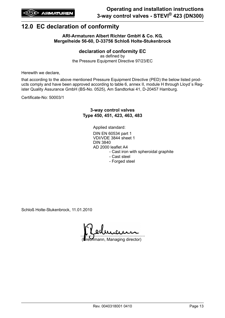 0 ec declaration of conformity | ARI Armaturen STEVI 423 DN300 EN User Manual | Page 13 / 14