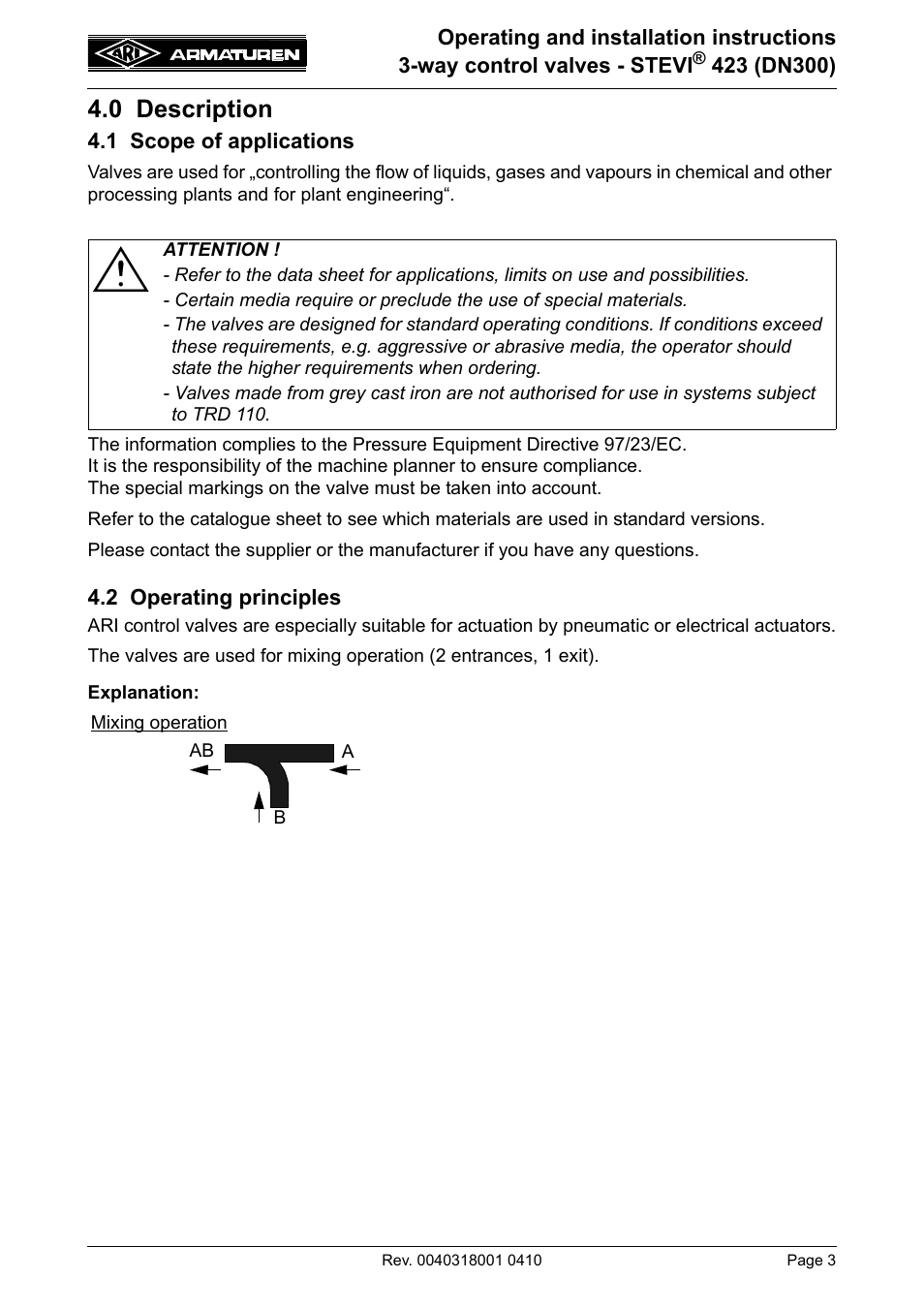 0 description, 1 scope of applications, 2 operating principles | 1 scope of applications 4.2 operating principles | ARI Armaturen STEVI 423 DN300 EN User Manual | Page 3 / 14