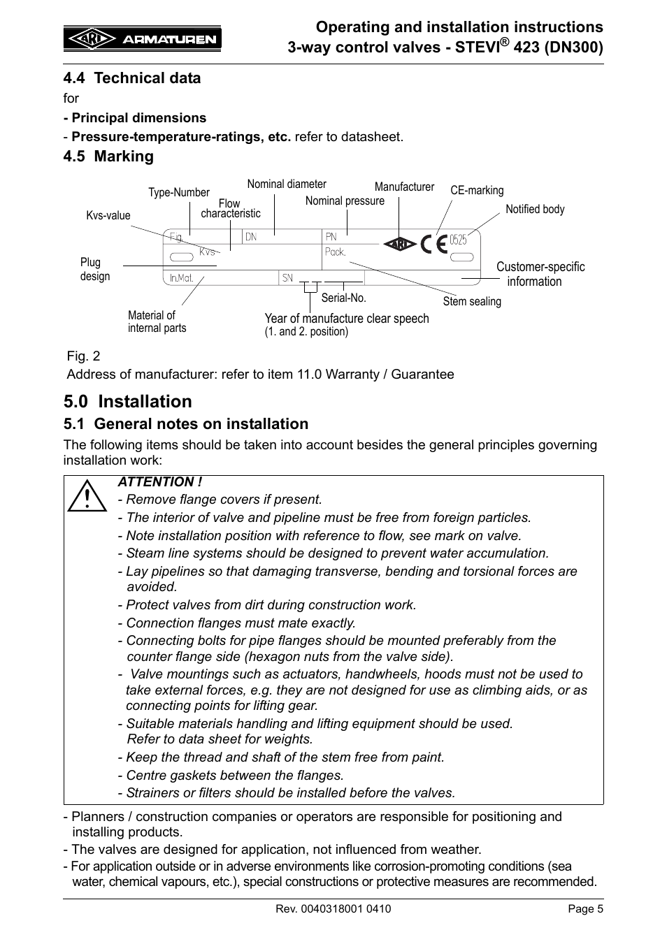 4 technical data, 5 marking, 0 installation | 1 general notes on installation, 4 technical data 4.5 marking | ARI Armaturen STEVI 423 DN300 EN User Manual | Page 5 / 14