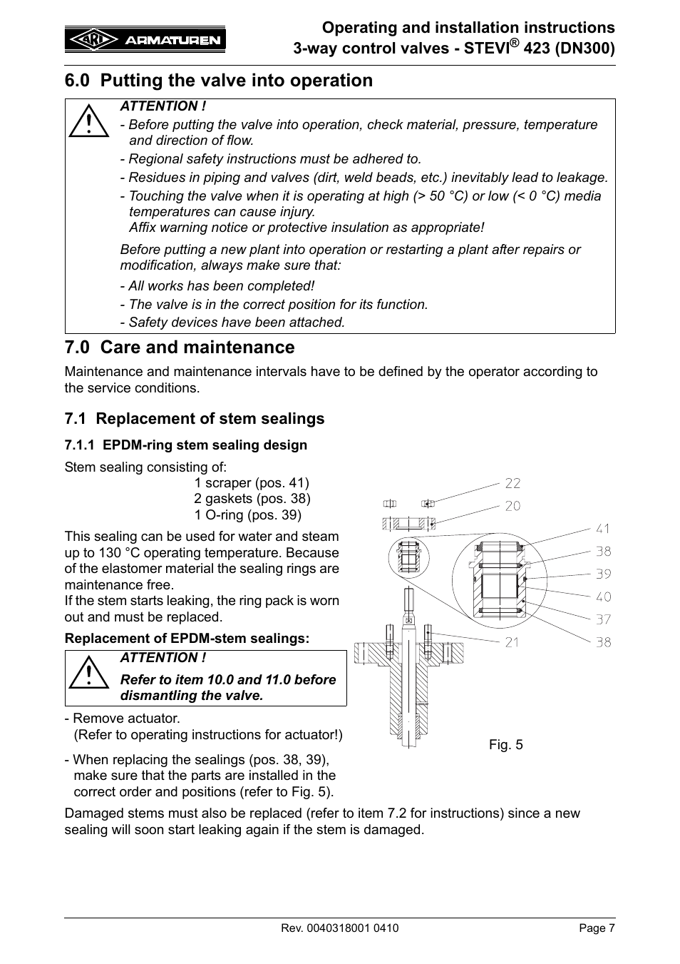 0 putting the valve into operation, 0 care and maintenance, 1 replacement of stem sealings | 1 epdm-ring stem sealing design | ARI Armaturen STEVI 423 DN300 EN User Manual | Page 7 / 14