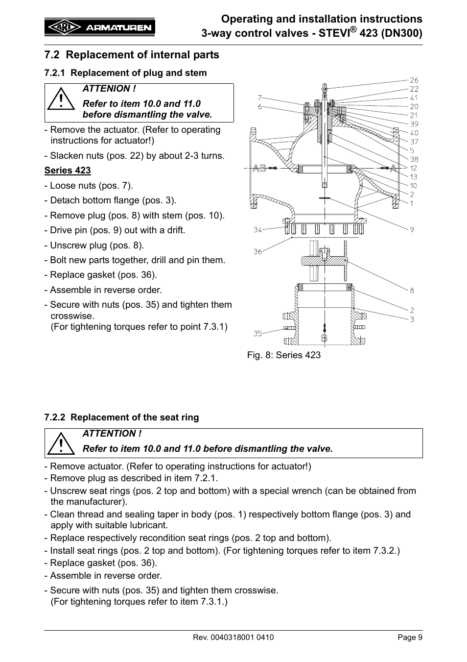 2 replacement of internal parts, 1 replacement of plug and stem, 2 replacement of the seat ring | ARI Armaturen STEVI 423 DN300 EN User Manual | Page 9 / 14