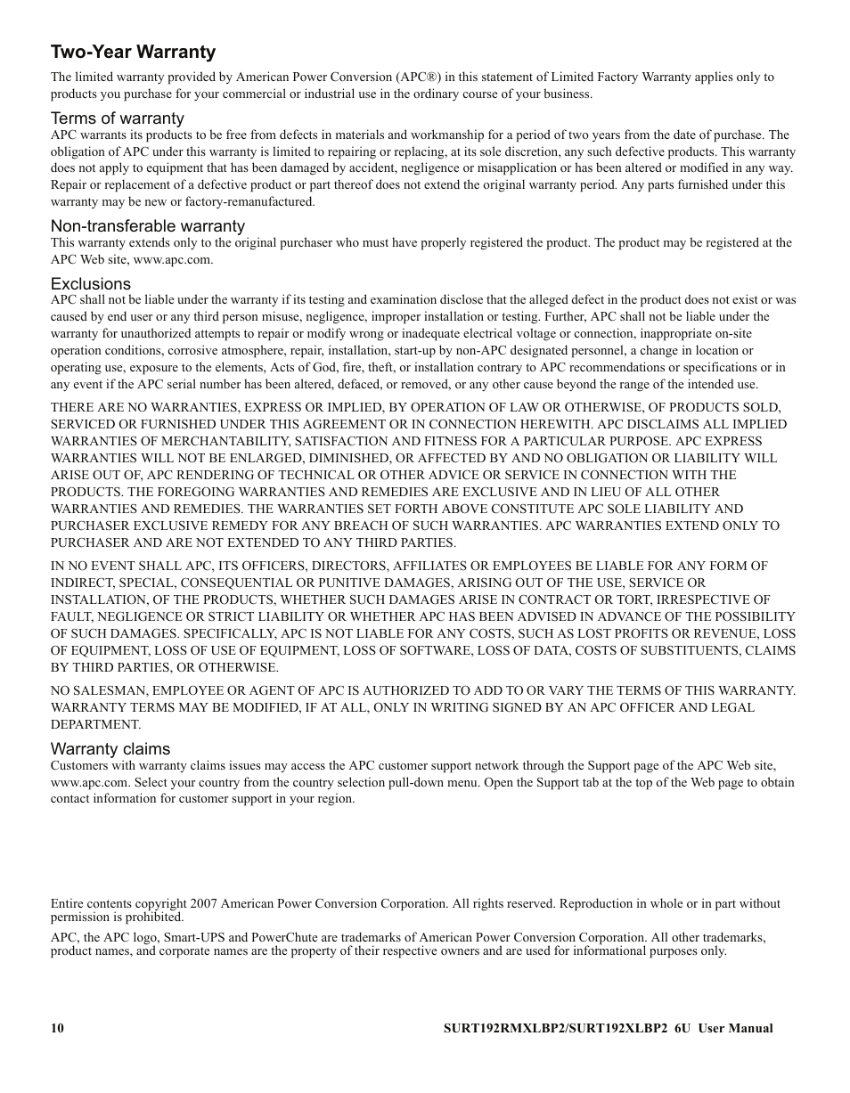 Two-year warranty | American Power Conversion 990-2485 User Manual | Page 10 / 10