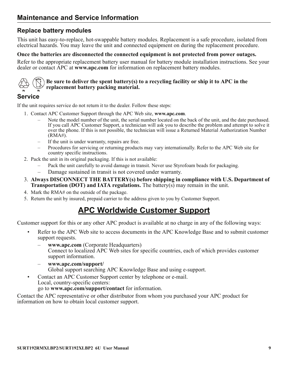 Apc worldwide customer support, Maintenance and service information | American Power Conversion 990-2485 User Manual | Page 9 / 10