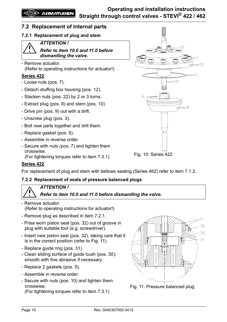 2 replacement of internal parts, 1 replacement of plug and stem, 2 replacement of seals of pressure balanced plugs | Pressure balanced plugs | ARI Armaturen STEVI 462 EN User Manual | Page 10 / 16