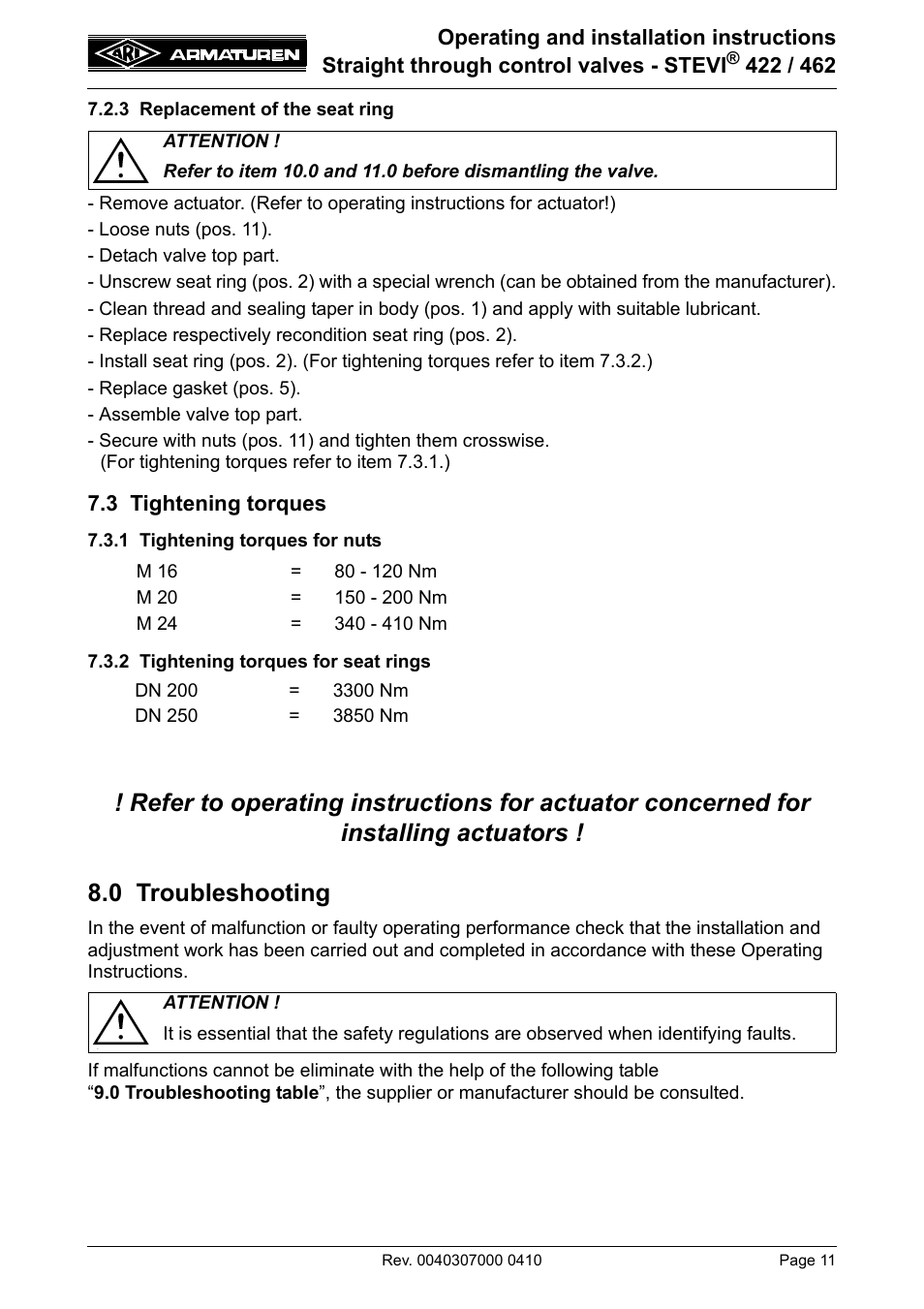 3 replacement of the seat ring, 3 tightening torques, 1 tightening torques for nuts | 2 tightening torques for seat rings, 0 troubleshooting, Refer to item 7.3.1) | ARI Armaturen STEVI 462 EN User Manual | Page 11 / 16