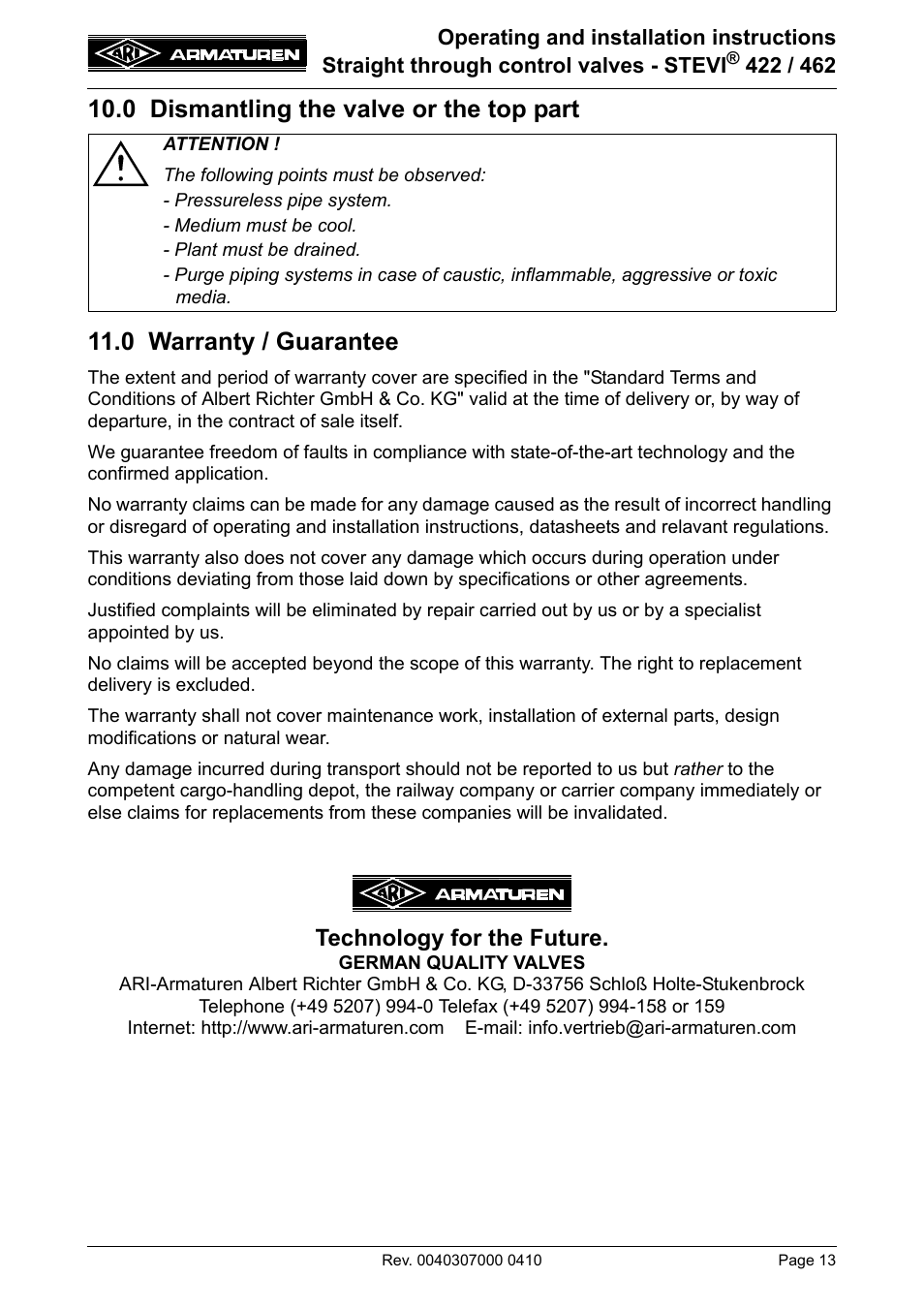 0 dismantling the valve or the top part, 0 warranty / guarantee, Item 10.0 and 11.0 before | Read item 10.0 and 11.0 prior, Technology for the future | ARI Armaturen STEVI 462 EN User Manual | Page 13 / 16