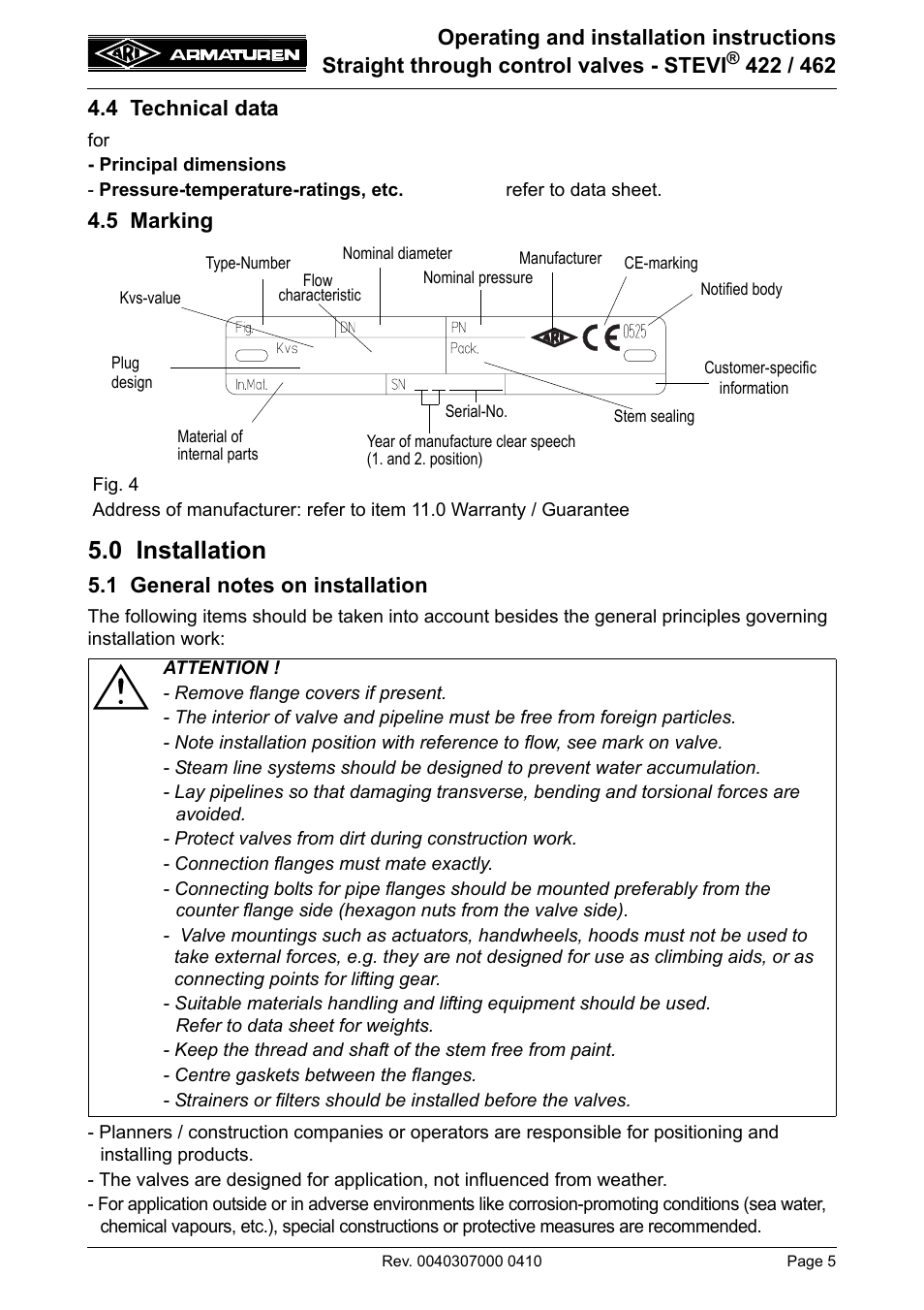 4 technical data, 5 marking, 0 installation | 1 general notes on installation, 4 technical data 4.5 marking | ARI Armaturen STEVI 462 EN User Manual | Page 5 / 16