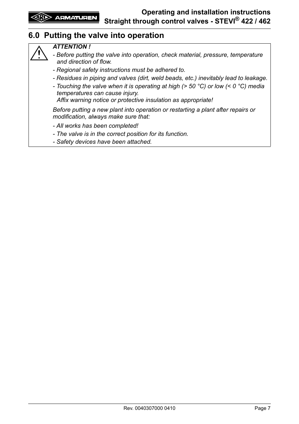 0 putting the valve into operation | ARI Armaturen STEVI 462 EN User Manual | Page 7 / 16