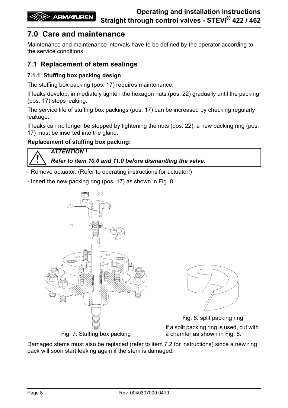 0 care and maintenance, 1 replacement of stem sealings, 1 stuffing box packing design | ARI Armaturen STEVI 462 EN User Manual | Page 8 / 16