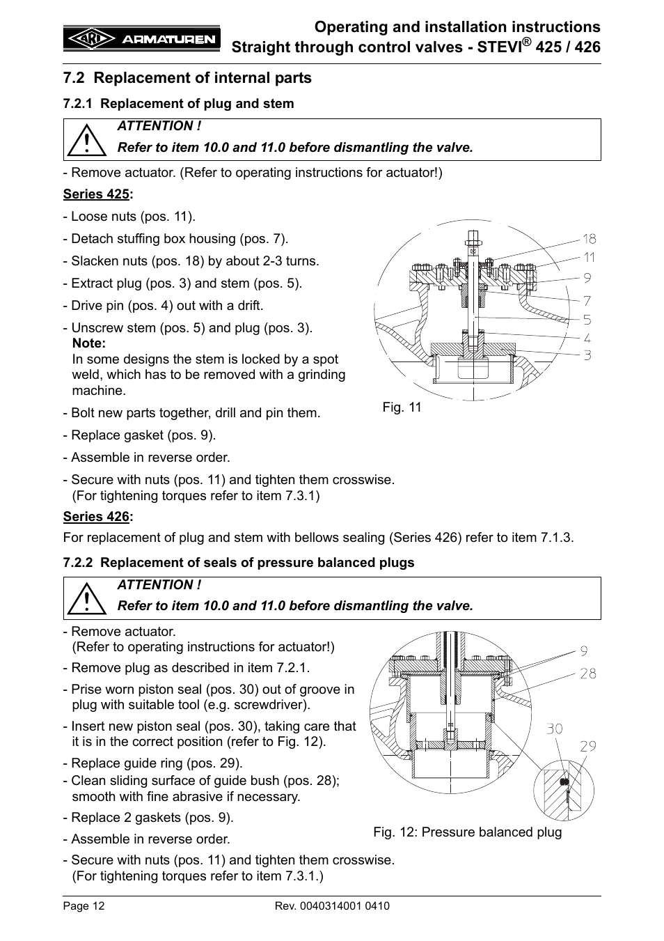 2 replacement of internal parts, 1 replacement of plug and stem, 2 replacement of seals of pressure balanced plugs | Pressure balanced plugs | ARI Armaturen STEVI 426 EN User Manual | Page 12 / 16