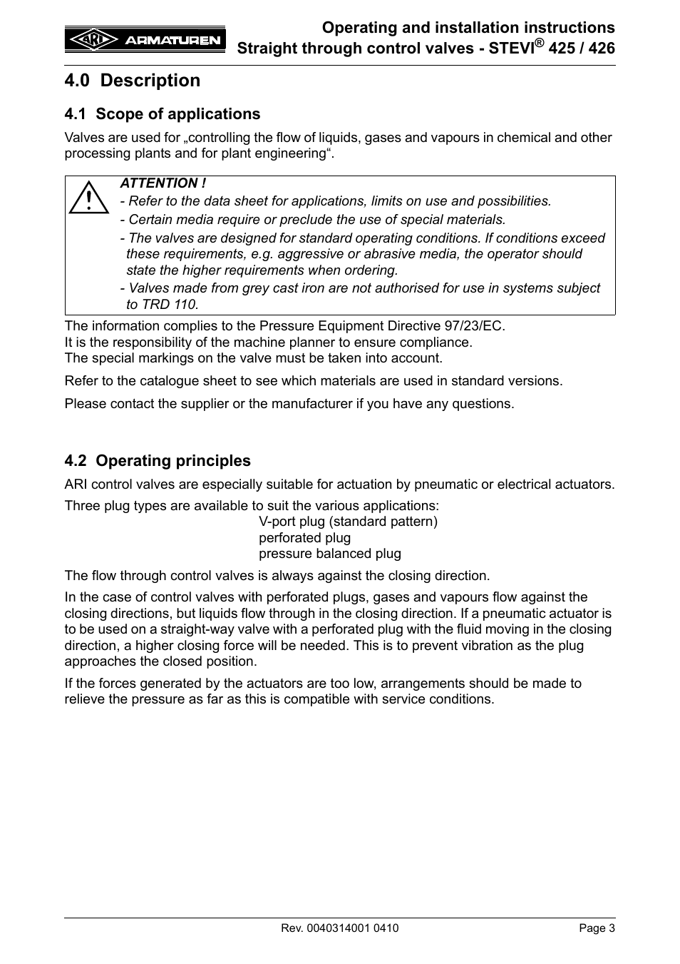 0 description, 1 scope of applications, 2 operating principles | 1 scope of applications 4.2 operating principles | ARI Armaturen STEVI 426 EN User Manual | Page 3 / 16