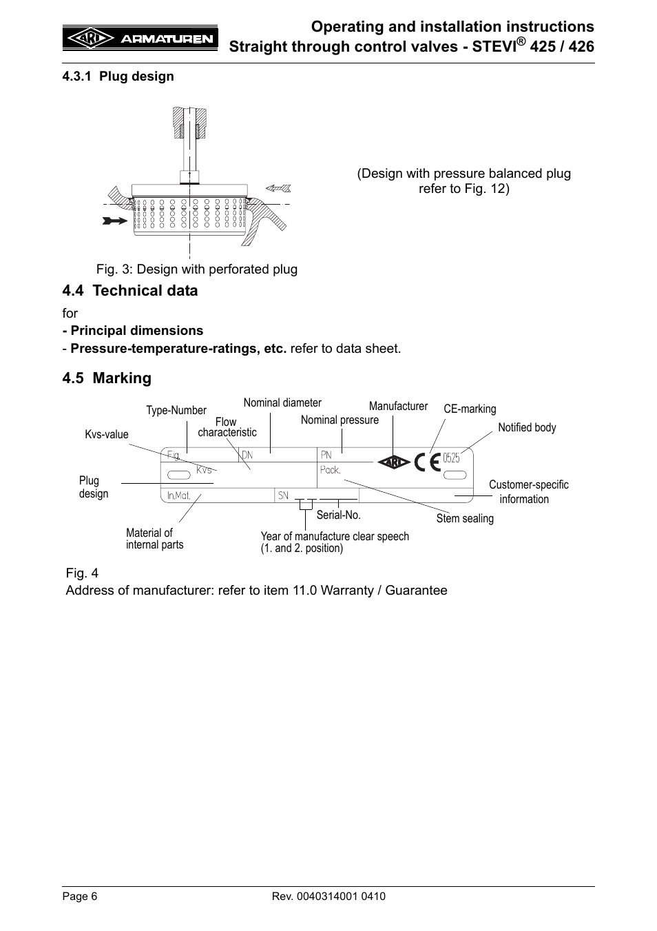 1 plug design, 4 technical data, 5 marking | 4 technical data 4.5 marking | ARI Armaturen STEVI 426 EN User Manual | Page 6 / 16