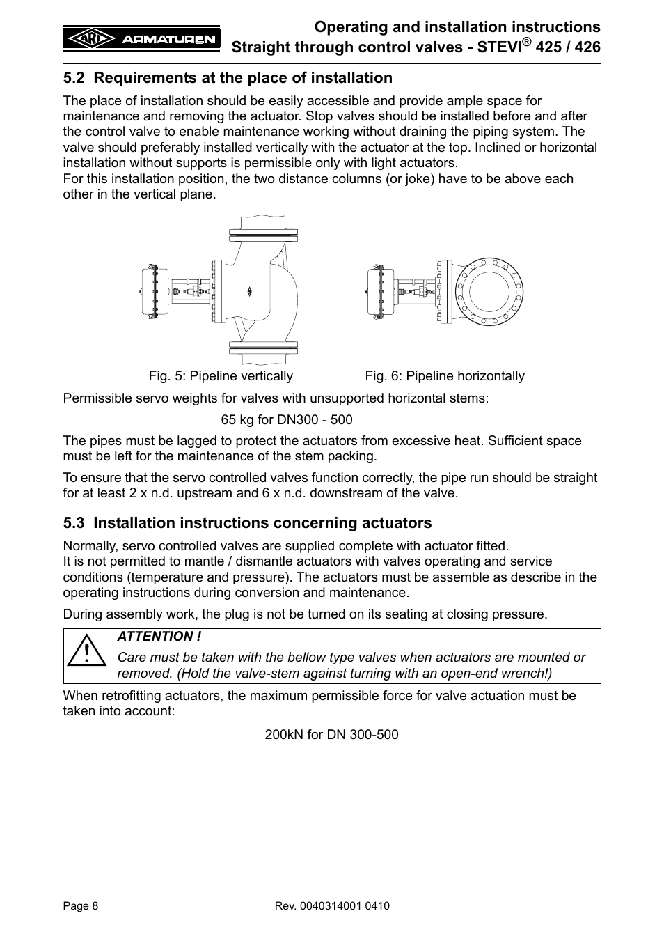2 requirements at the place of installation, 3 installation instructions concerning actuators | ARI Armaturen STEVI 426 EN User Manual | Page 8 / 16