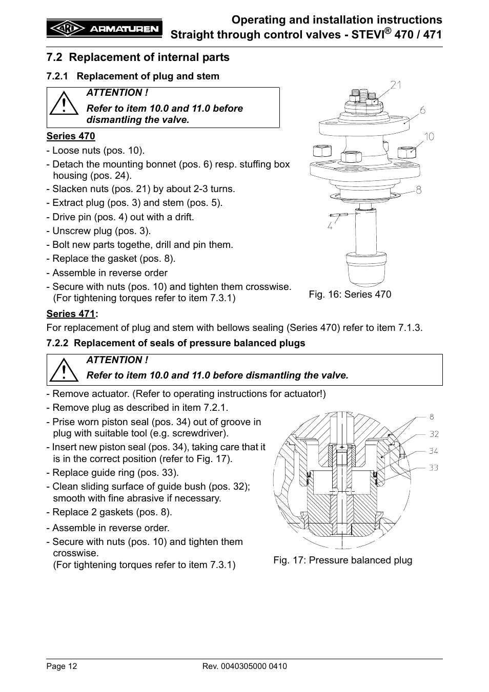 2 replacement of internal parts, 1 replacement of plug and stem, 2 replacement of seals of pressure balanced plugs | Pressure balanced plugs | ARI Armaturen STEVI 471 EN User Manual | Page 12 / 16