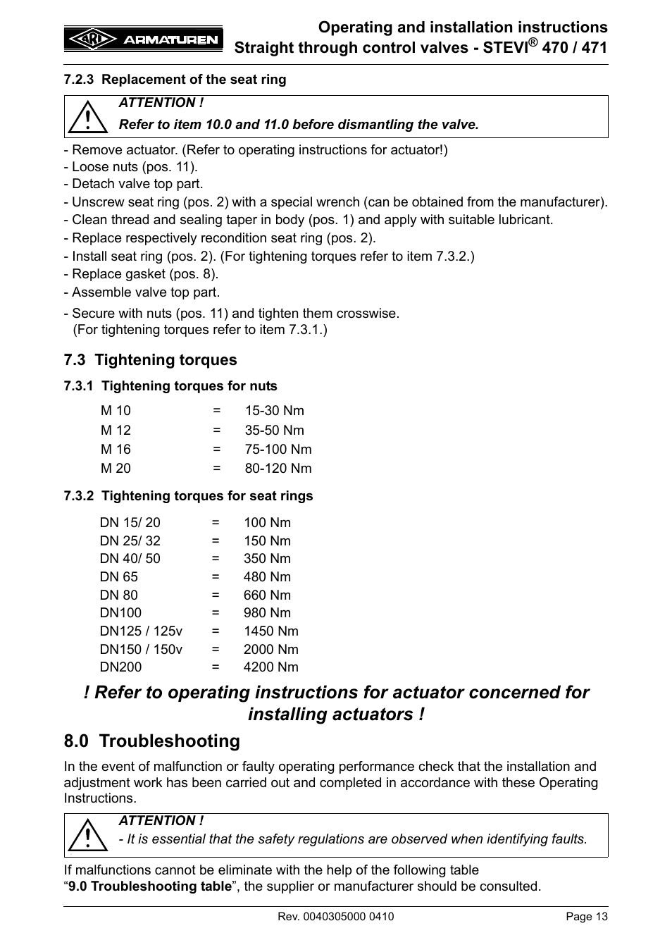 3 replacement of the seat ring, 3 tightening torques, 1 tightening torques for nuts | 2 tightening torques for seat rings, 0 troubleshooting, Refer to item 7.3.1) | ARI Armaturen STEVI 471 EN User Manual | Page 13 / 16