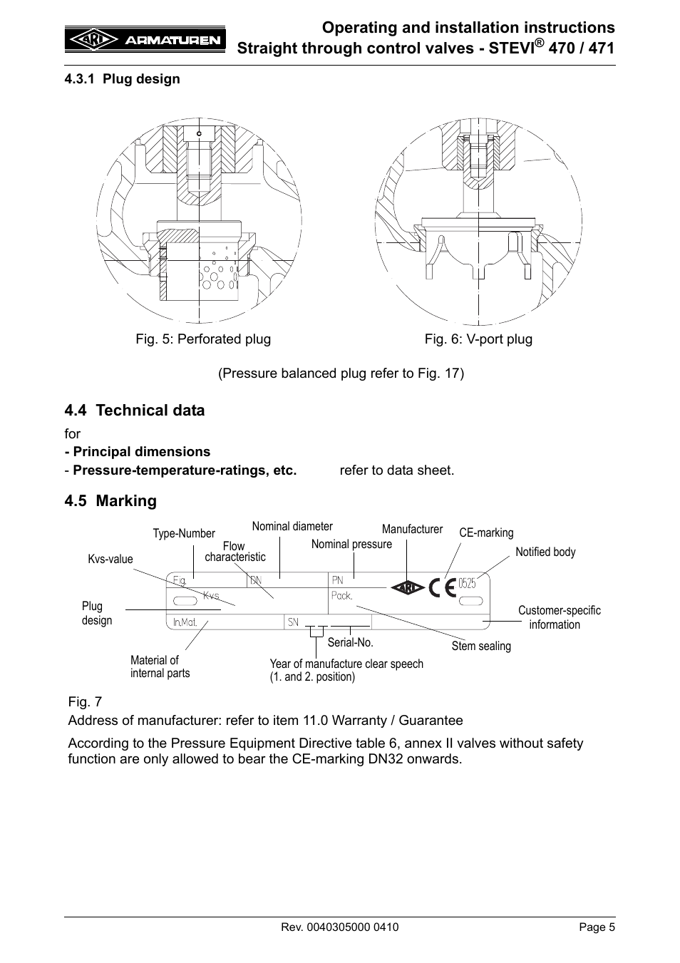 1 plug design, 4 technical data, 5 marking | 4 technical data 4.5 marking | ARI Armaturen STEVI 471 EN User Manual | Page 5 / 16
