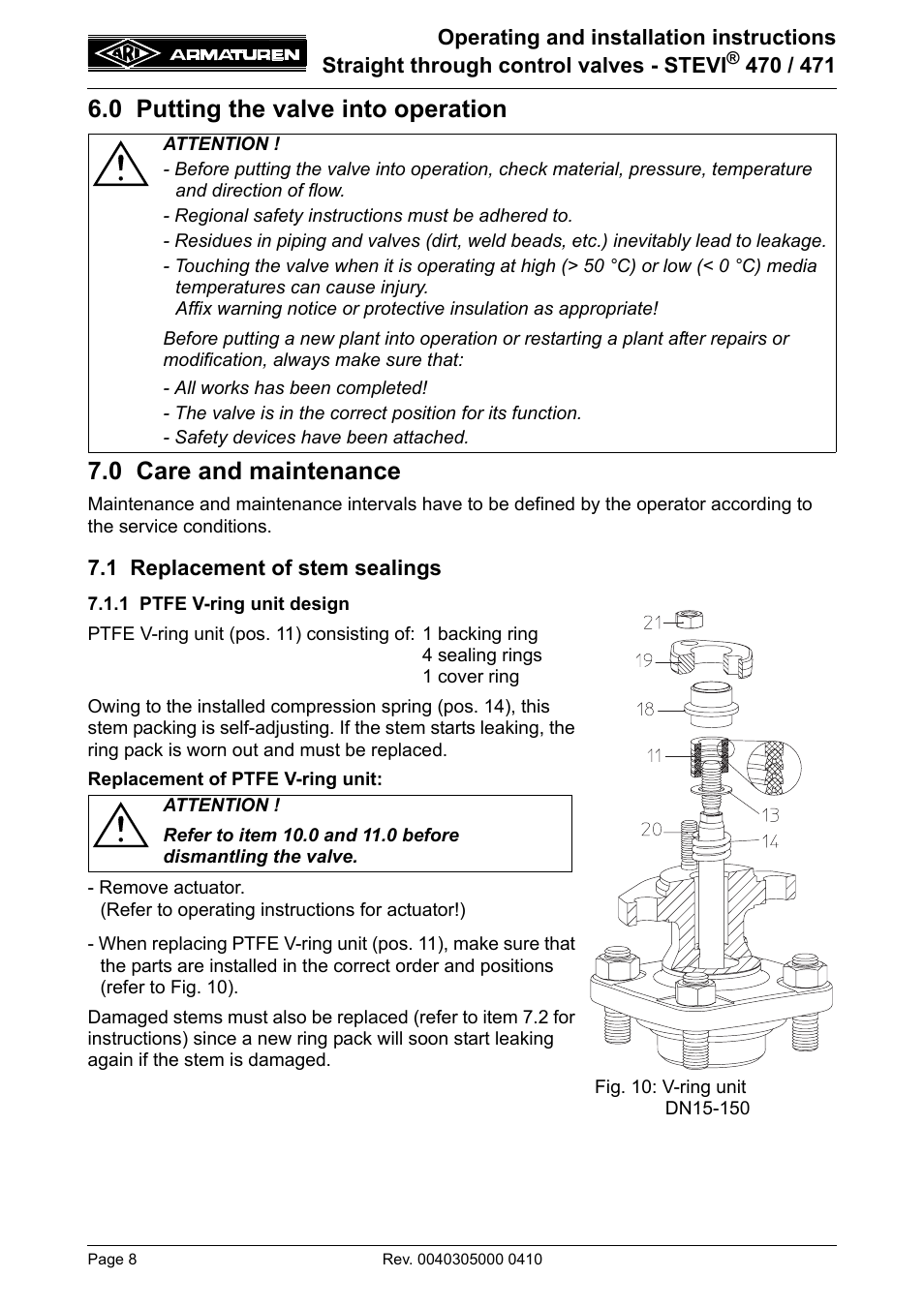 0 putting the valve into operation, 0 care and maintenance, 1 replacement of stem sealings | 1 ptfe v-ring unit design | ARI Armaturen STEVI 471 EN User Manual | Page 8 / 16