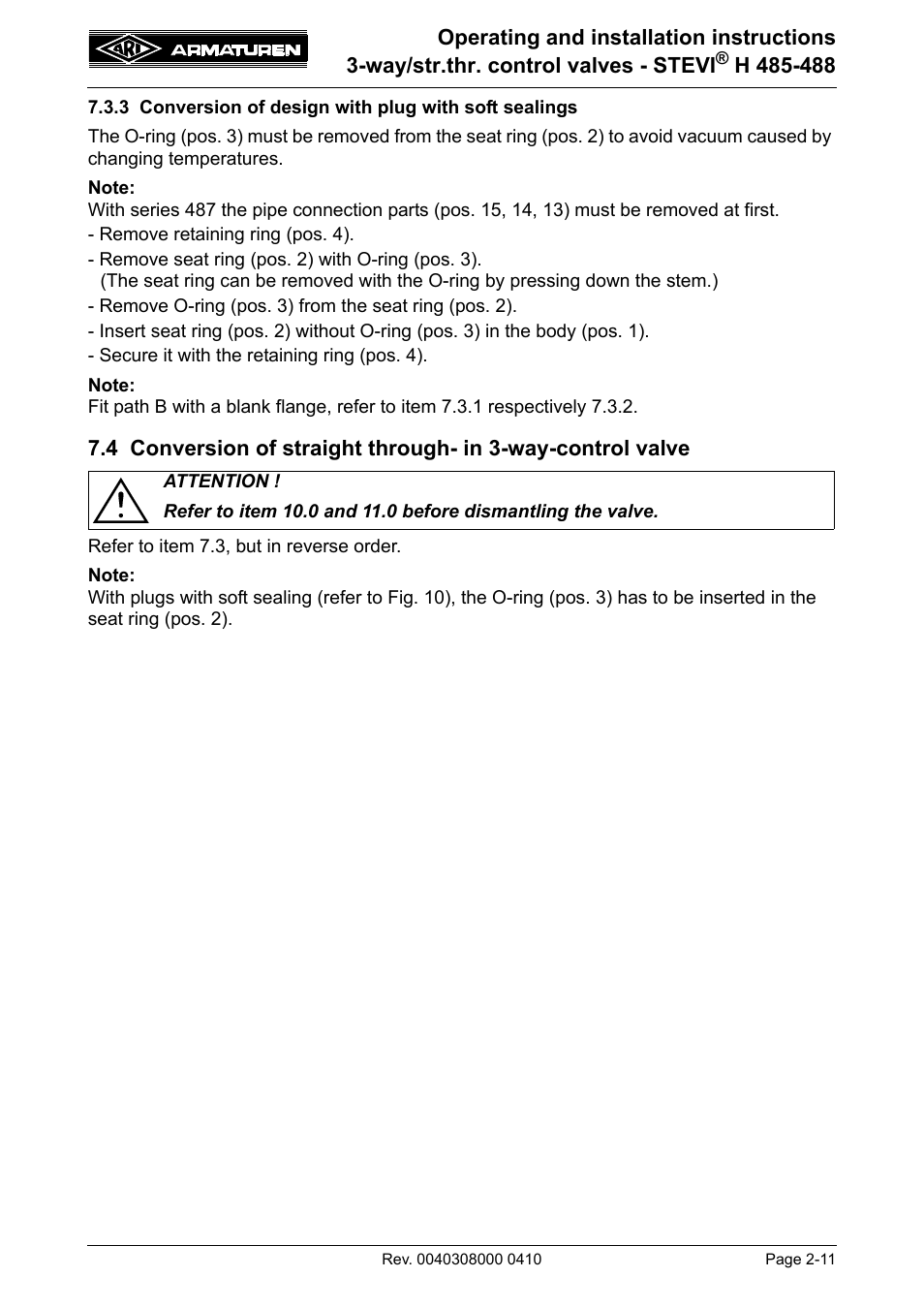 3 conversion of plug with soft sealings -11, 4 conversion of straight through- in, Way-control valve -11 | ARI Armaturen STEVI H 488 EN User Manual | Page 11 / 14