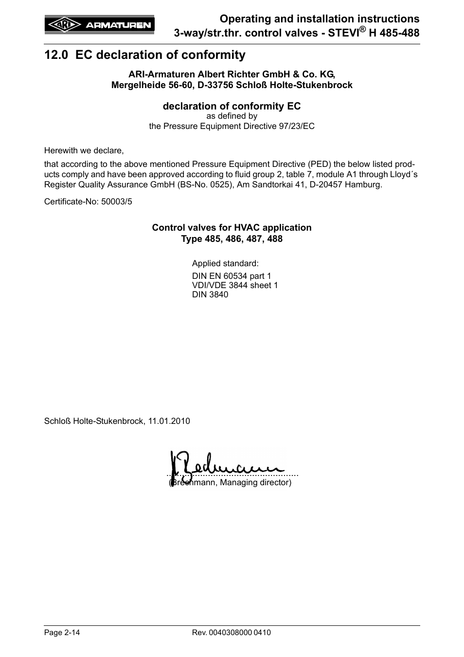 0 ec declaration of conformity, 0 ec declaration of conformity -14 | ARI Armaturen STEVI H 488 EN User Manual | Page 14 / 14