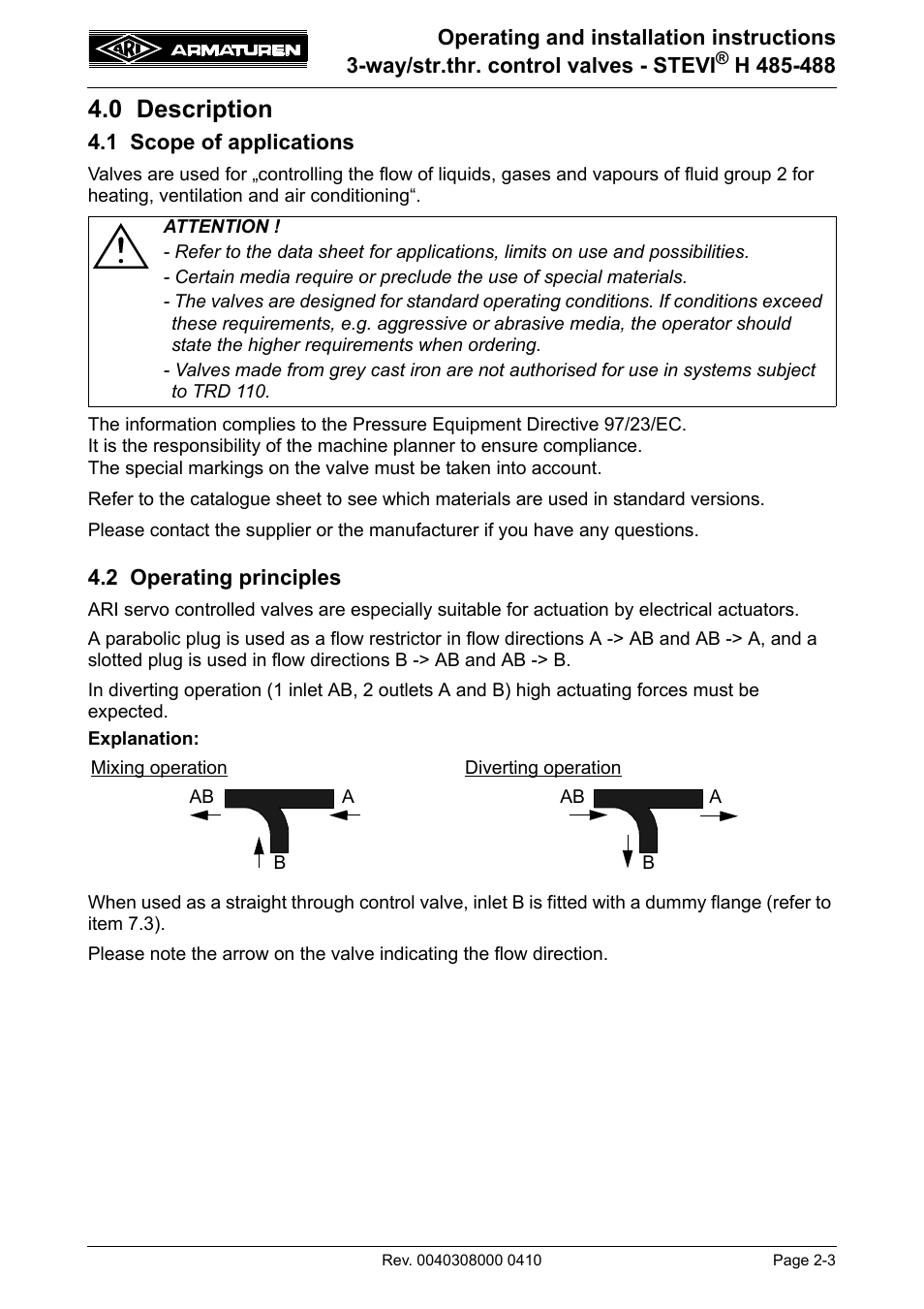 0 description, 1 scope of applications, 2 operating principles | 0 description -3 | ARI Armaturen STEVI H 488 EN User Manual | Page 3 / 14