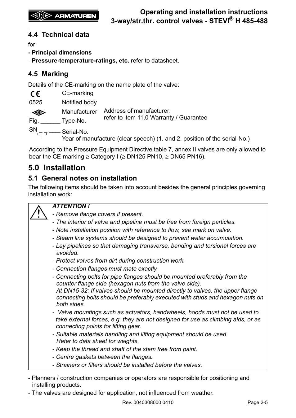 4 technical data, 5 marking, 0 installation | 1 general notes on installation, 4 technical data -5 4.5 marking -5, 0 installation -5, 1 general notes on installation -5 | ARI Armaturen STEVI H 488 EN User Manual | Page 5 / 14