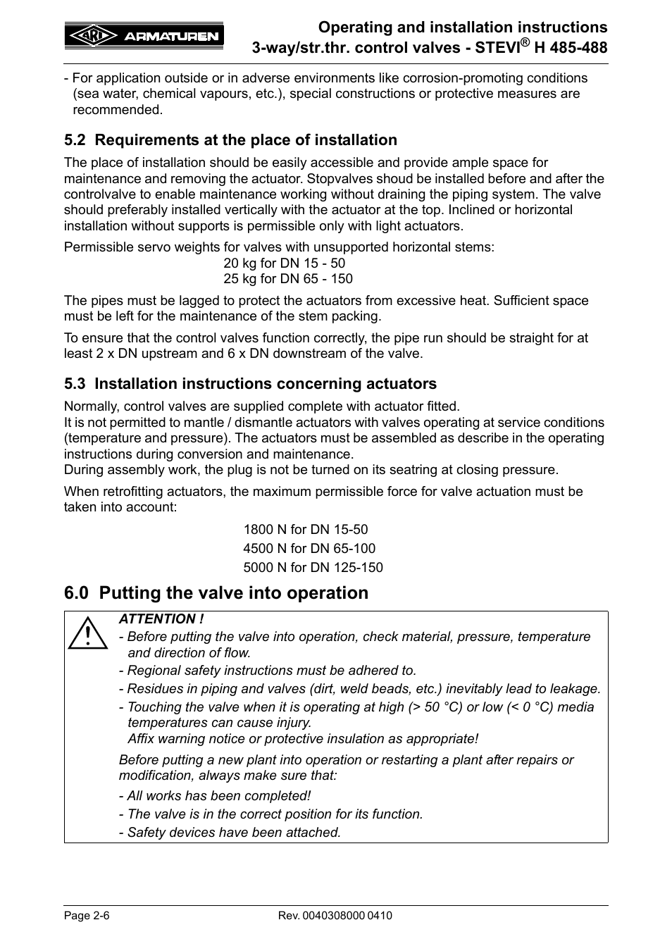 2 requirements at the place of installation, 3 installation instructions concerning actuators, 0 putting the valve into operation | 0 putting the valve into operation -6 | ARI Armaturen STEVI H 488 EN User Manual | Page 6 / 14