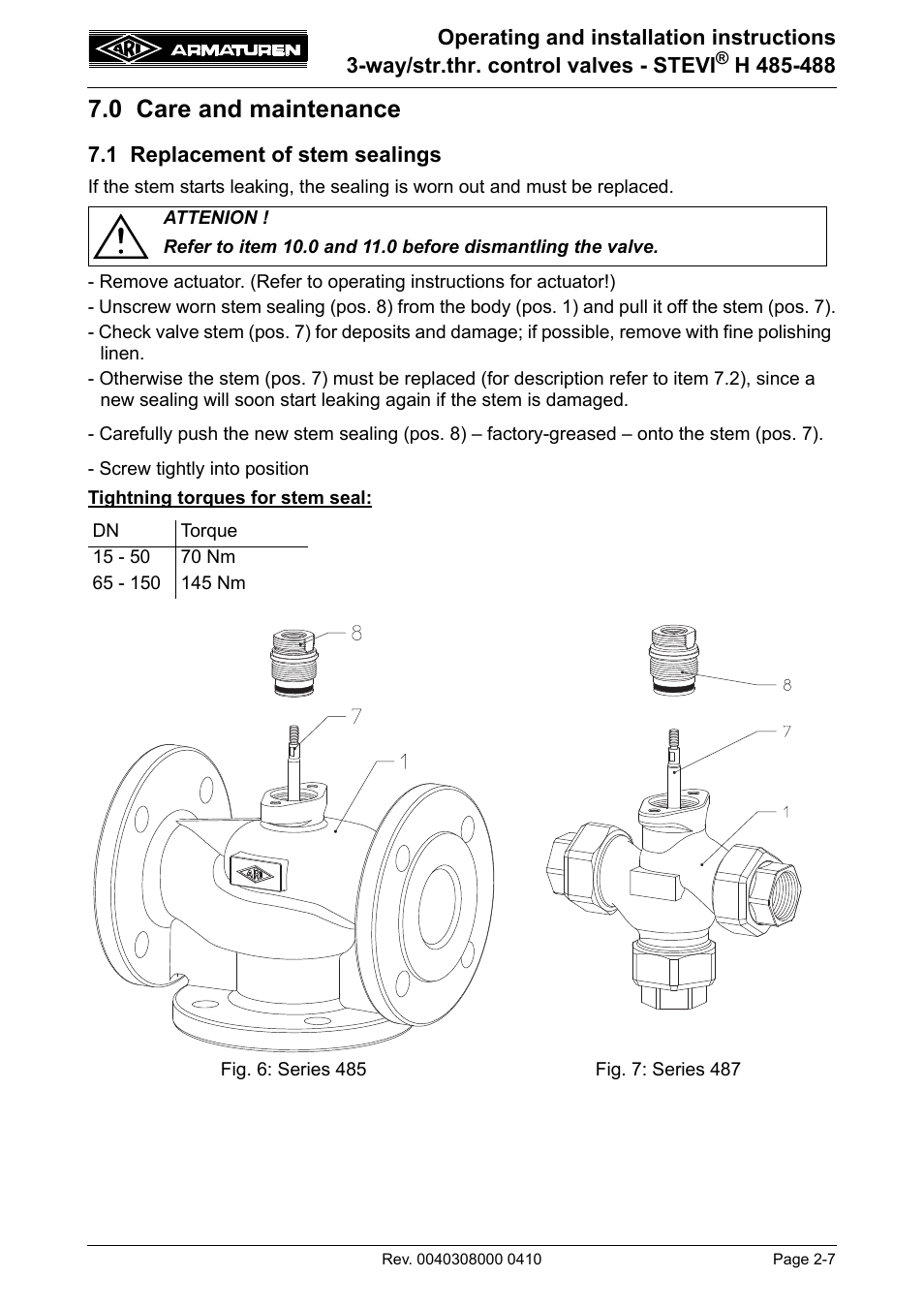 0 care and maintenance, 1 replacement of stem sealings, 0 care and maintenance -7 | 1 replacement of stem sealings -7 | ARI Armaturen STEVI H 488 EN User Manual | Page 7 / 14