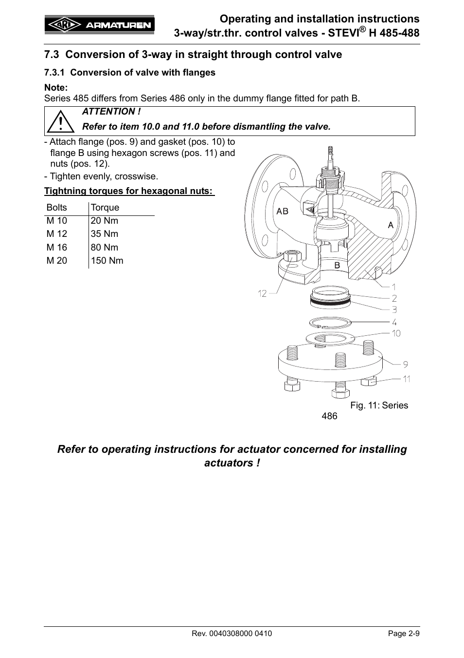 1 conversion of valve with flanges, 3 conversion of 3-way in straight through control, Valve -9 | 1 conversion of valve with flanges -9 | ARI Armaturen STEVI H 488 EN User Manual | Page 9 / 14